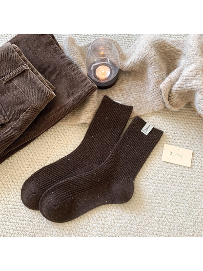 Dark brown ribbed crew socks with multicolor speckles, pair view
