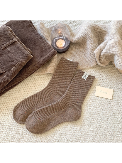 Camel ribbed crew socks with multicolor speckles, pair view