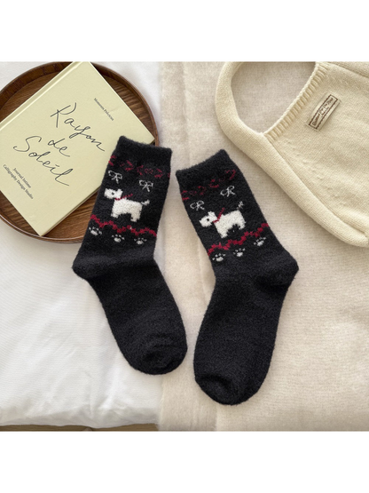 Black fuzzy crew socks with a white dog motif and red decorative bands
