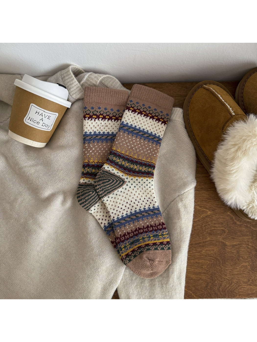 Brown geometric crew socks with contrasting striped heels and toes