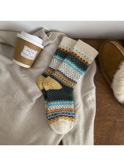 Cream geometric crew socks with green, blue and ochre bands