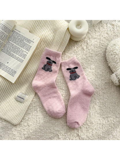Light pink fuzzy socks with gray dog motifs