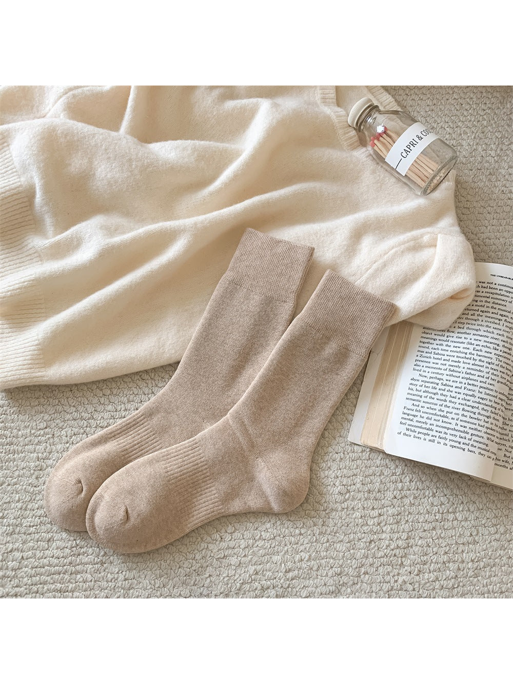Khaki solid-color crew socks with ribbed cuffs