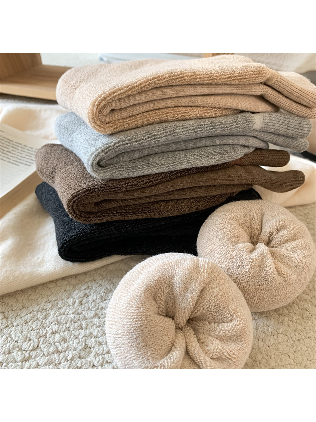 Close-up of stacked socks and their looped inner texture