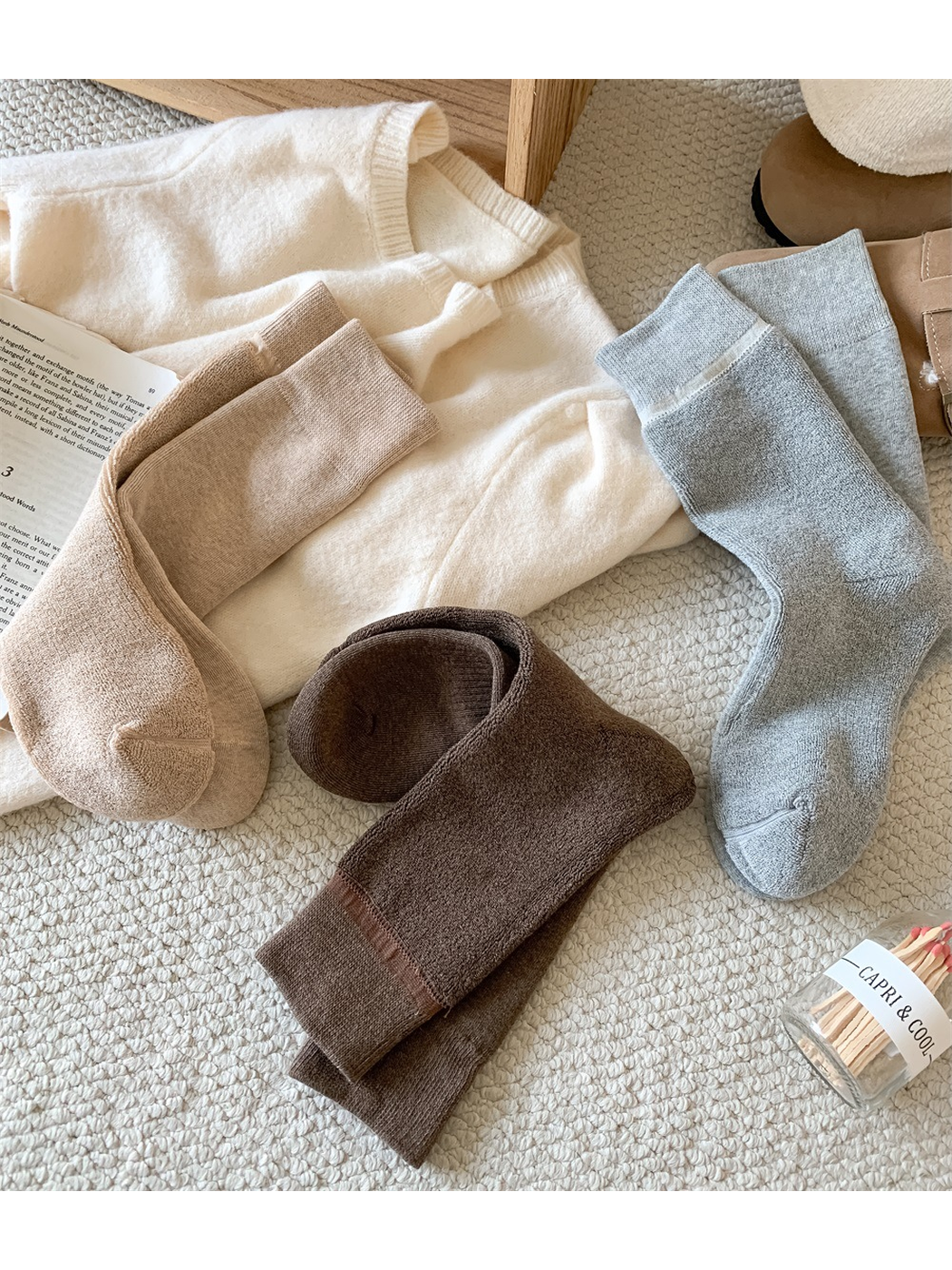 Turned socks showing the looped interior and smooth-knit exterior
