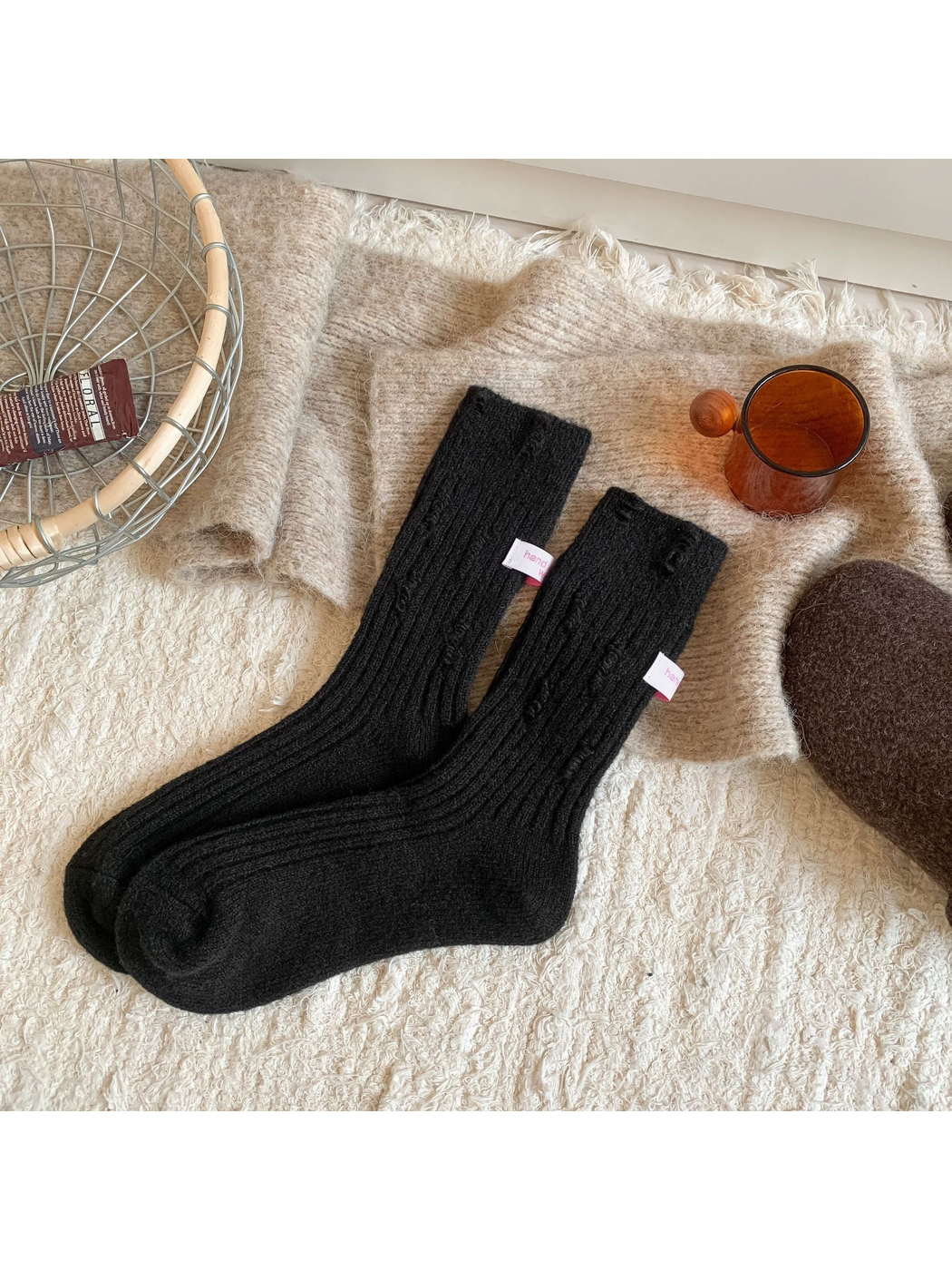 Black ribbed crew socks with laddered detailing