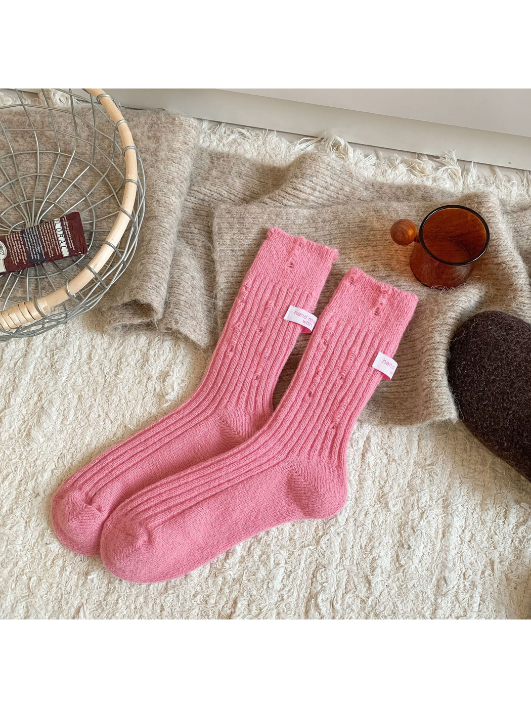 Pink ribbed crew socks with laddered detailing
