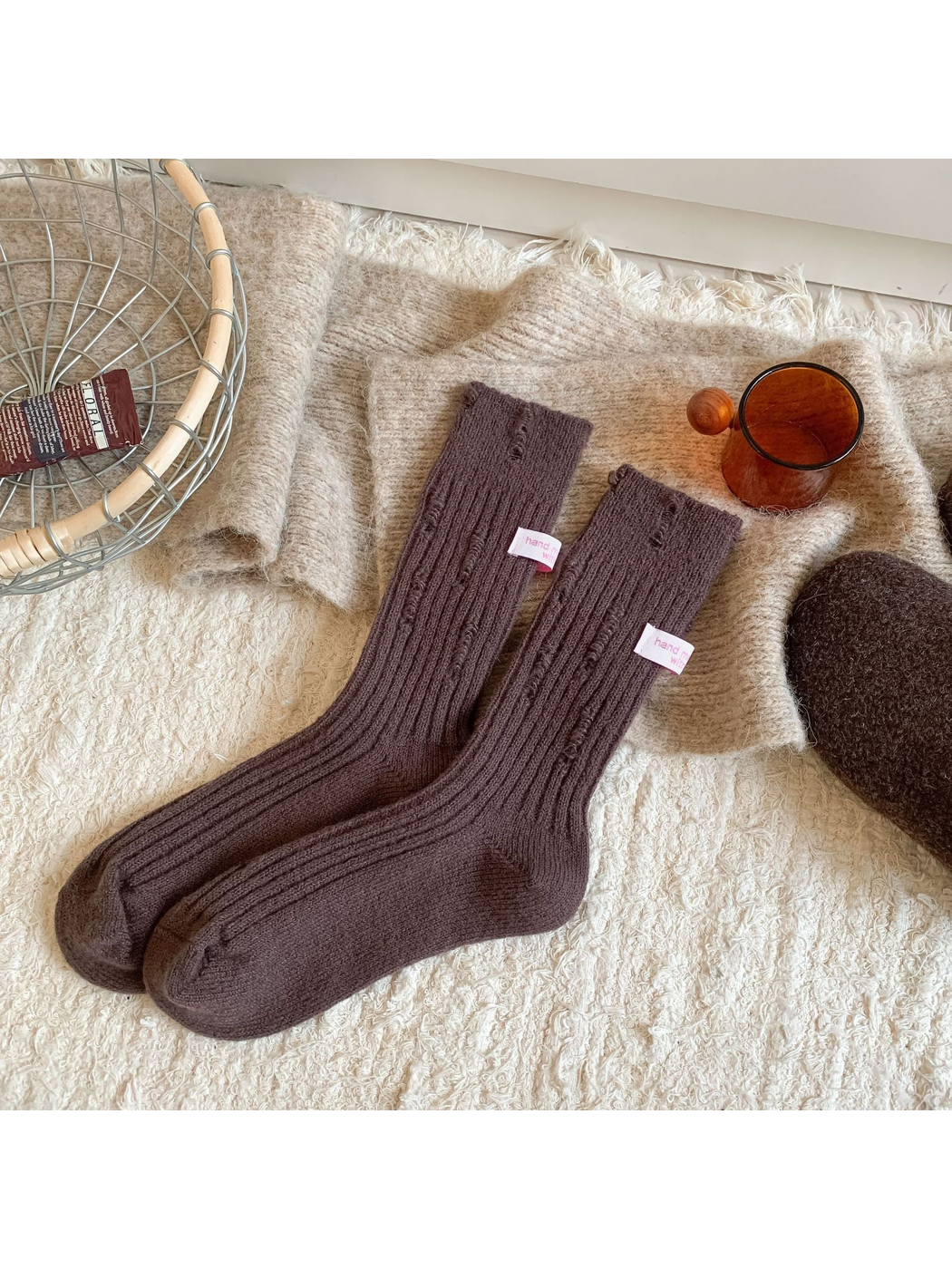 Dark brown ribbed crew socks with laddered detailing