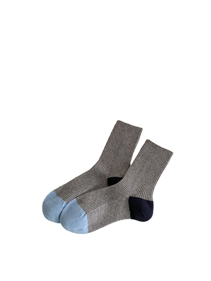 Gray color-blocked ribbed crew socks on a white background