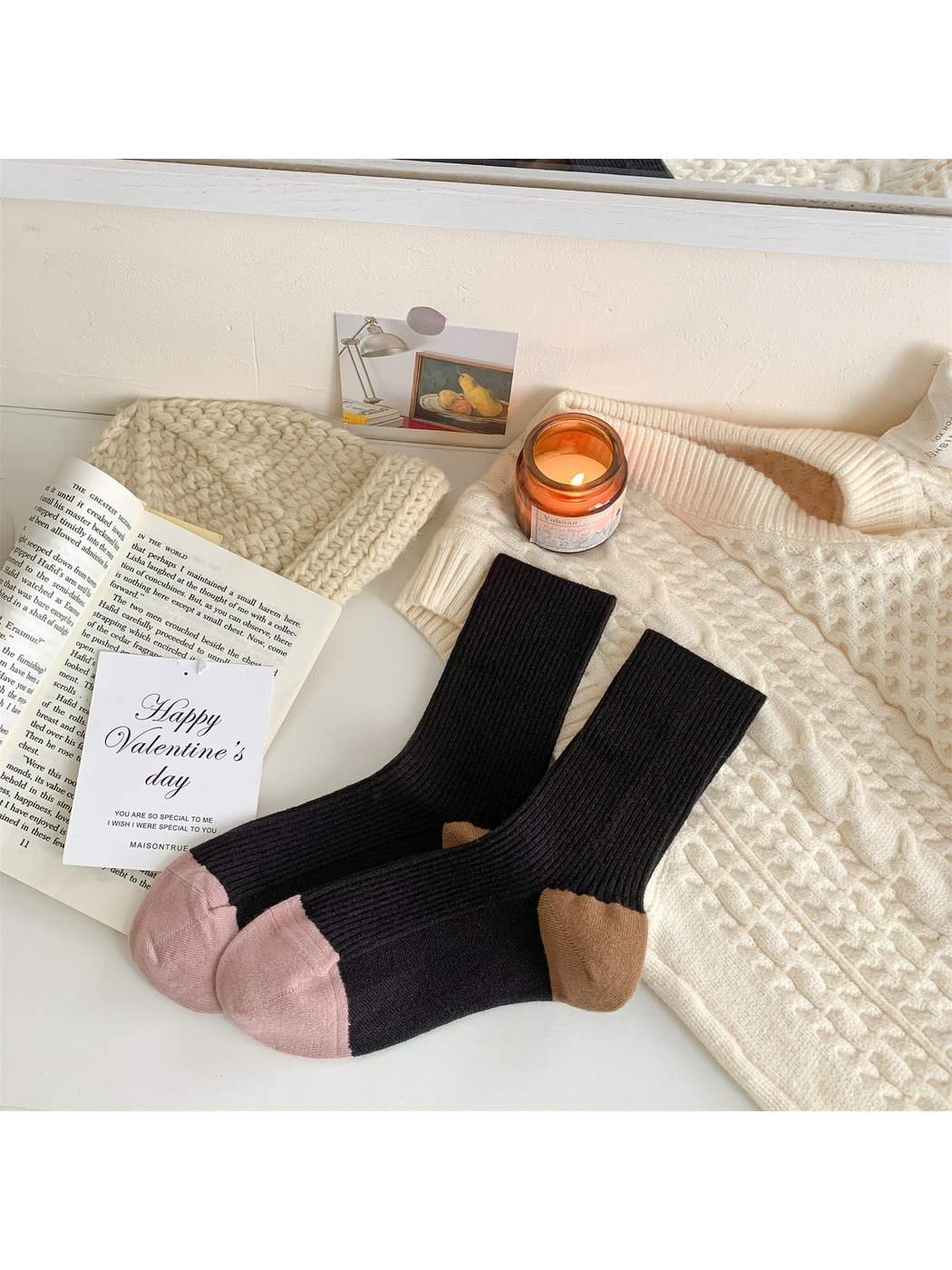 Black ribbed crew socks with contrasting pink toes and brown heels