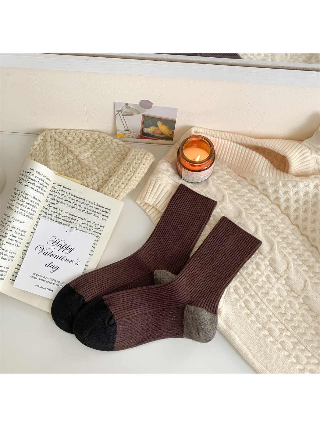 Brown ribbed crew socks with black toes and gray heels