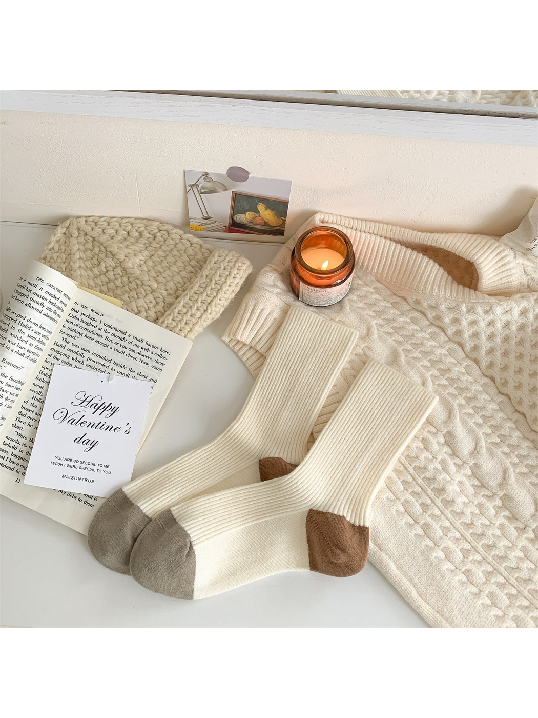 Cream ribbed crew socks with gray toes and brown heels