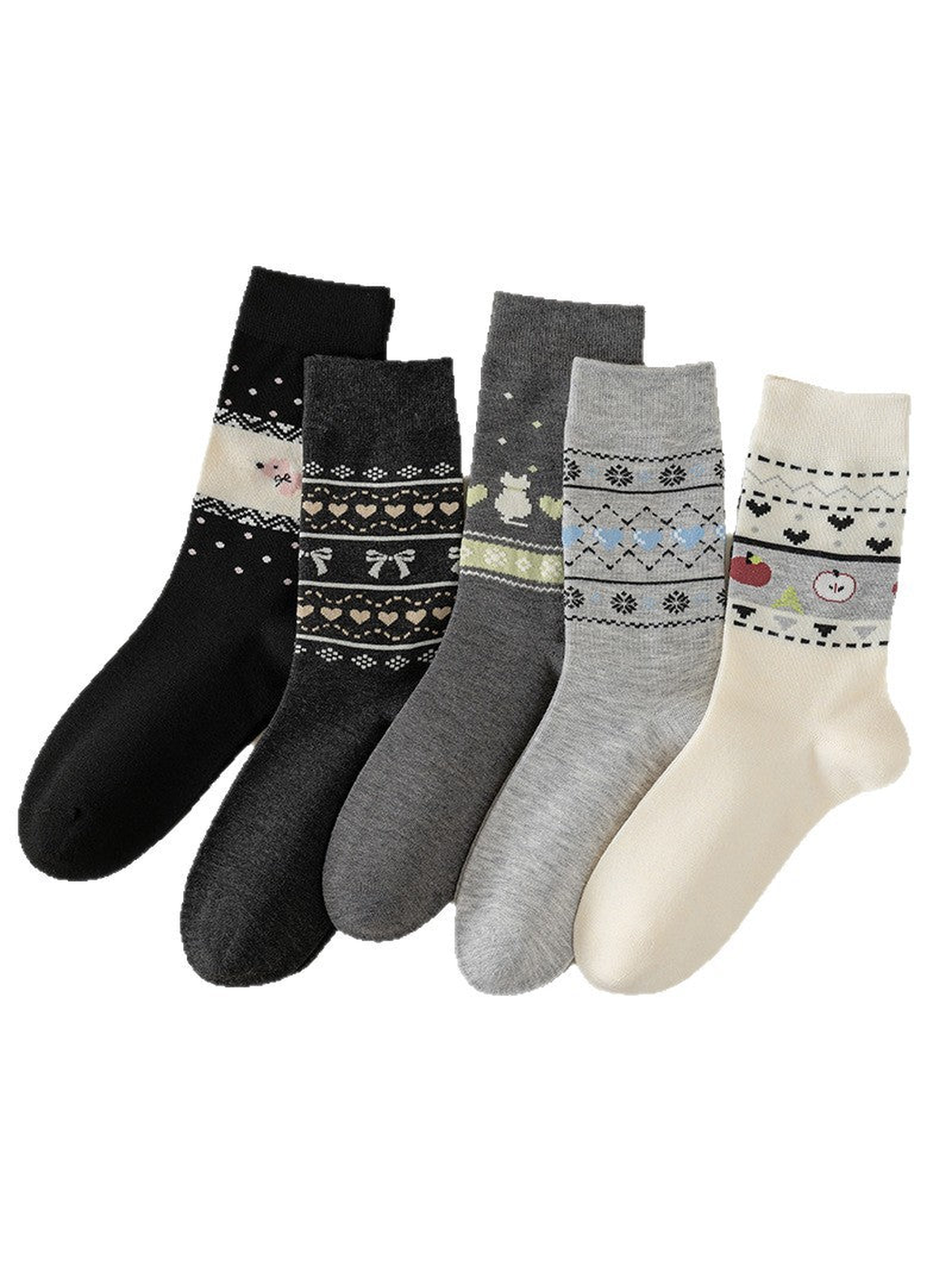 Five patterned crew sock styles displayed together