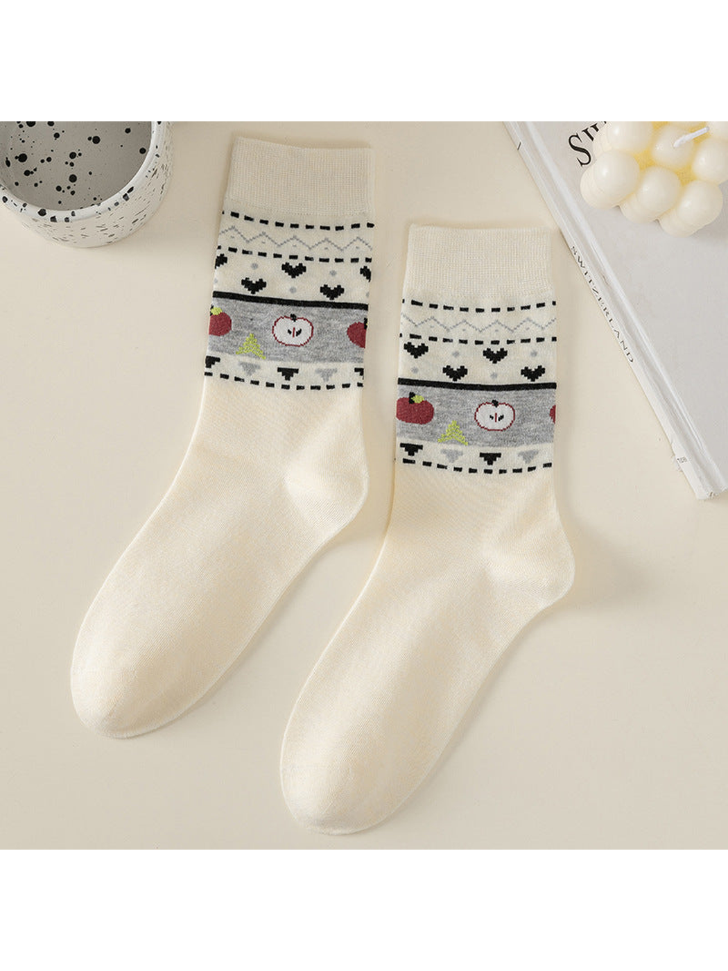 Ivory crew socks with apple and heart pattern