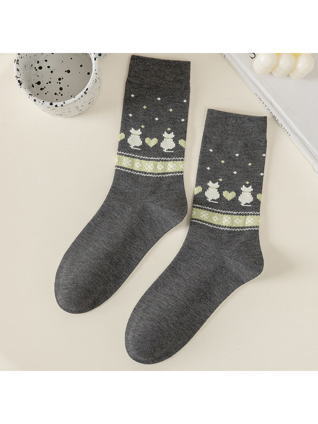 Gray crew socks with rabbits and green hearts