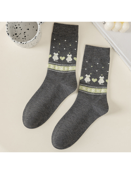 Gray crew socks with rabbits and green hearts