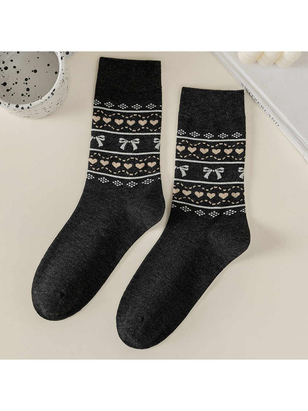 Dark gray crew socks with bow and heart pattern