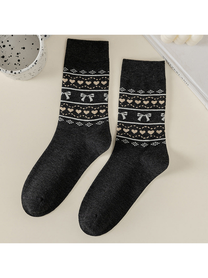 Dark gray crew socks with bow and heart pattern