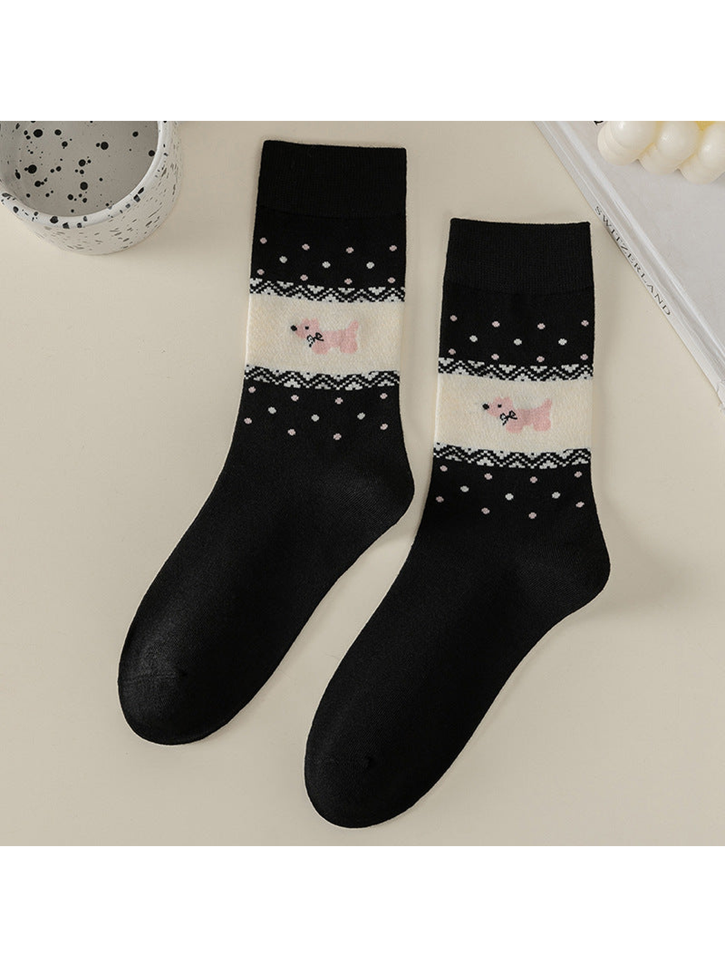 Black crew socks with pink cat motif