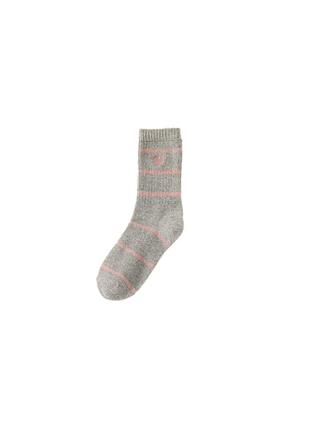 Light gray striped crew sock with pink heart motif