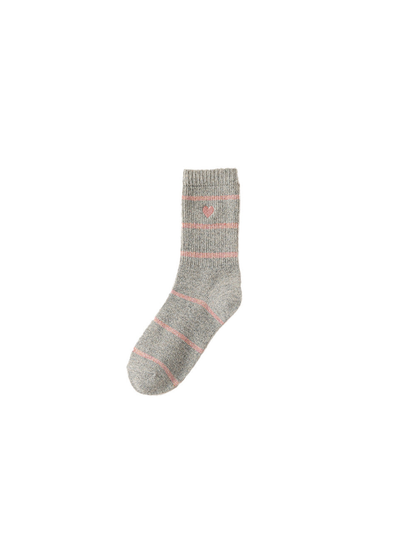 Light gray striped crew sock with pink heart motif