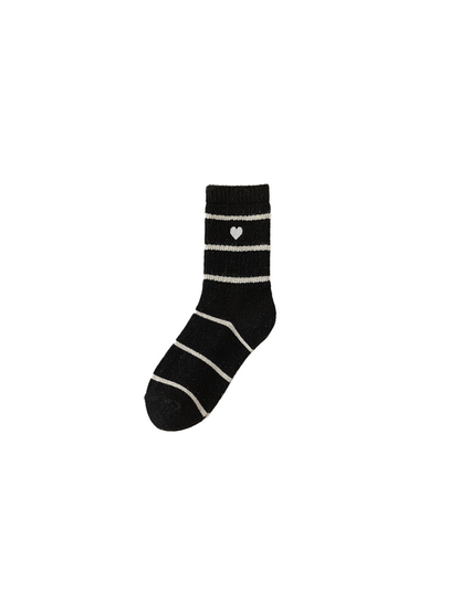 Black striped crew sock with white heart motif