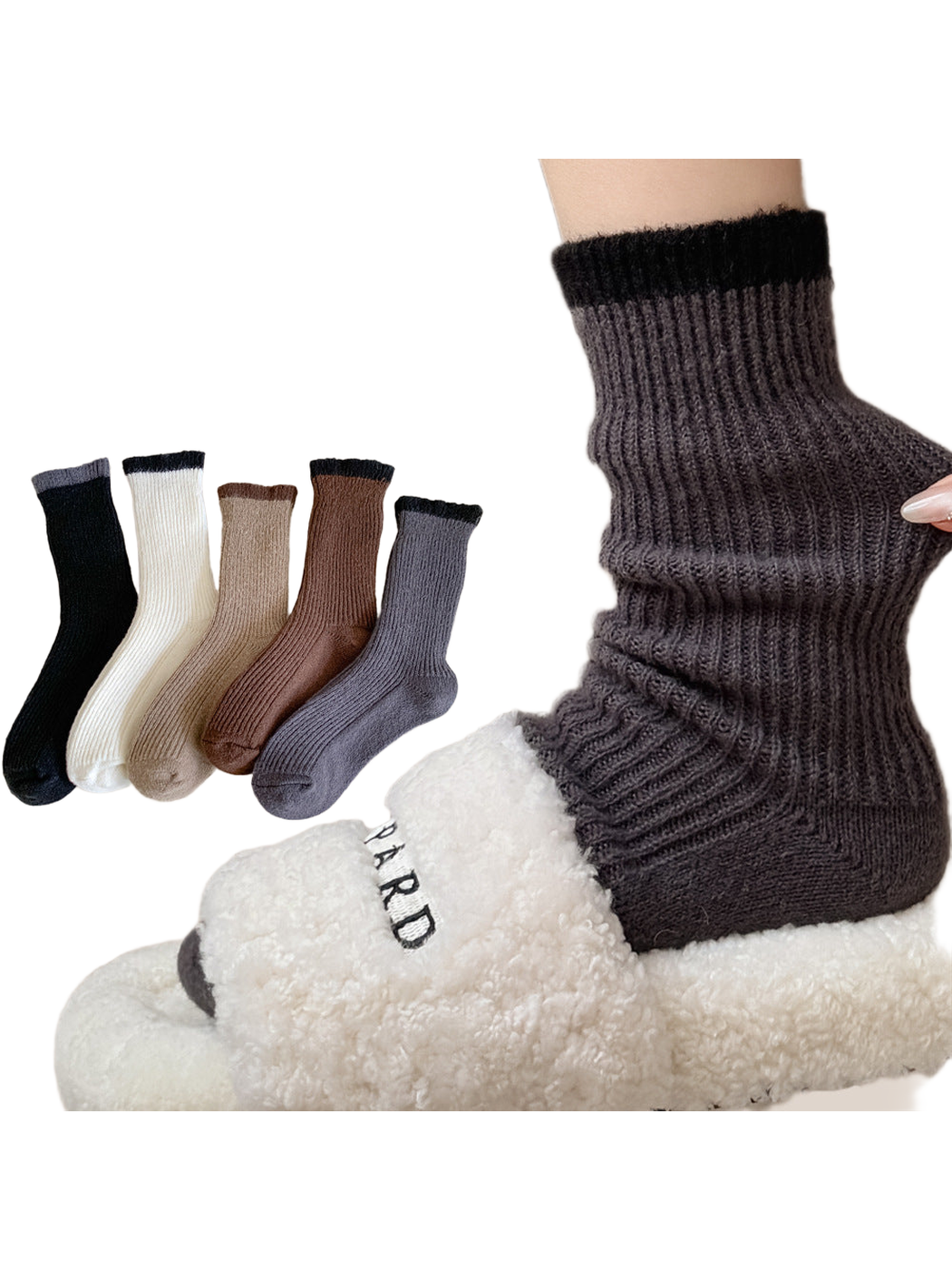 Five colors of ribbed crew socks with a dark gray pair worn