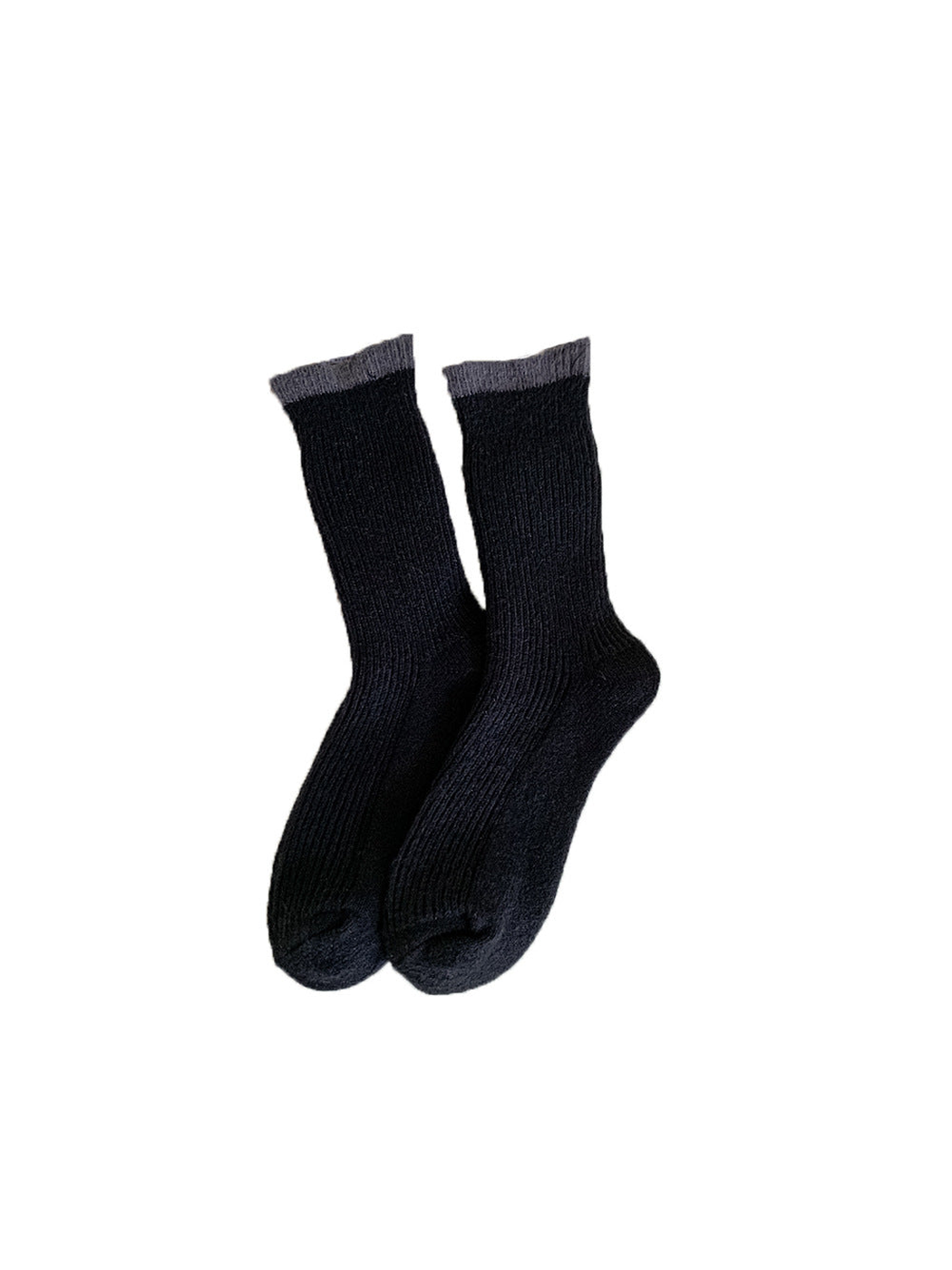 Black ribbed crew socks with contrasting gray cuffs