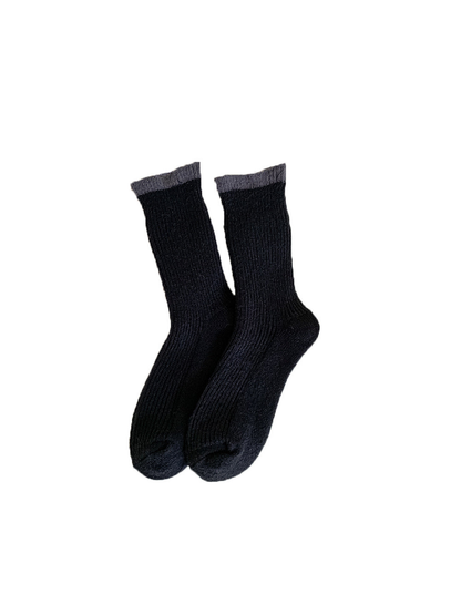 Black ribbed crew socks with contrasting gray cuffs