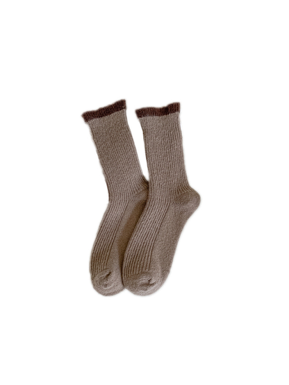 Camel ribbed crew socks with contrasting brown cuffs
