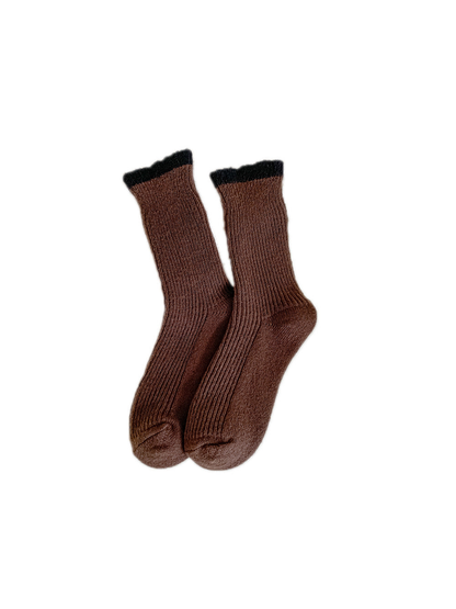 Coffee brown ribbed crew socks with contrasting black cuffs