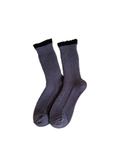 Dark gray ribbed crew socks with contrasting black cuffs