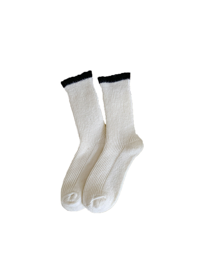 Ivory ribbed crew socks with contrasting black cuffs