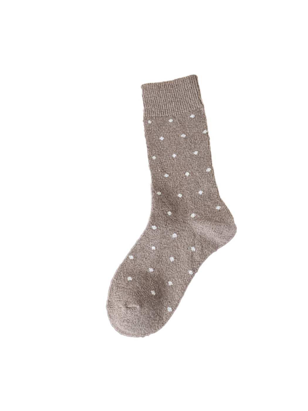 Khaki crew sock with white polka dots on a white background