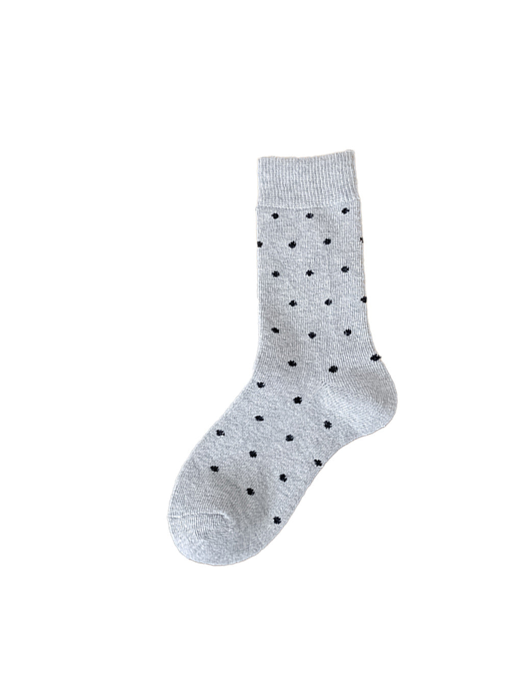 Light gray crew sock with black polka dots on a white background