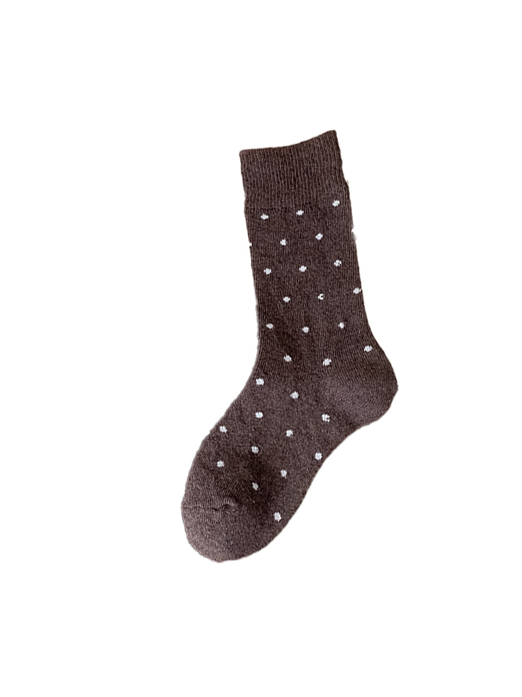 Coffee brown crew sock with white polka dots on a white background