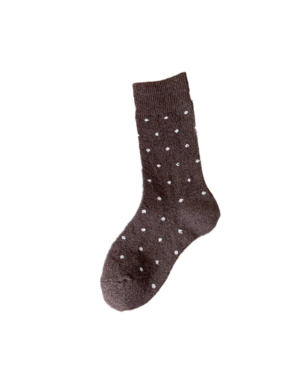 Coffee brown crew sock with white polka dots on a white background