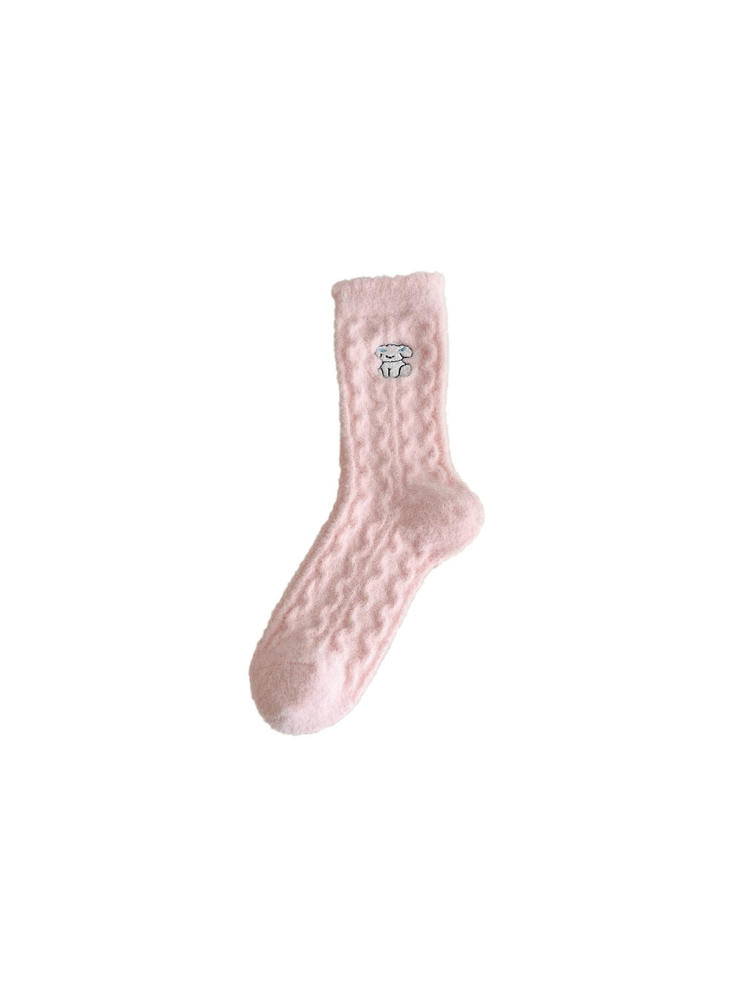 Light pink fuzzy-textured crew sock with a small dog motif