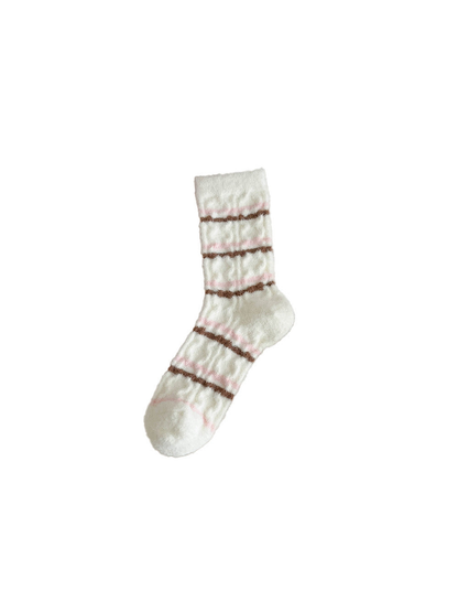 Ivory fuzzy-textured crew sock with pink and brown horizontal stripes