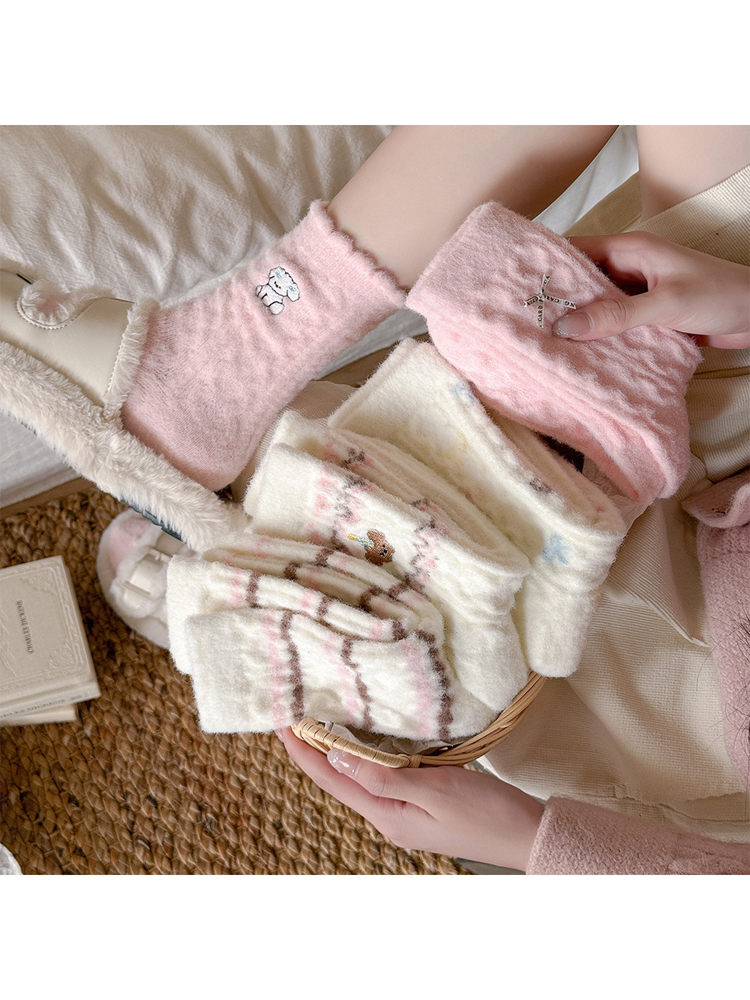 Multiple fuzzy-textured crew sock styles arranged in a woven basket