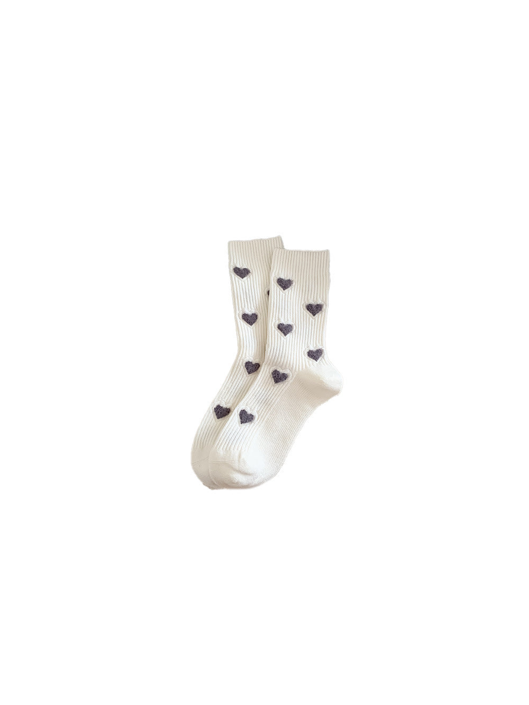 Ivory ribbed crew socks with fuzzy heart motifs