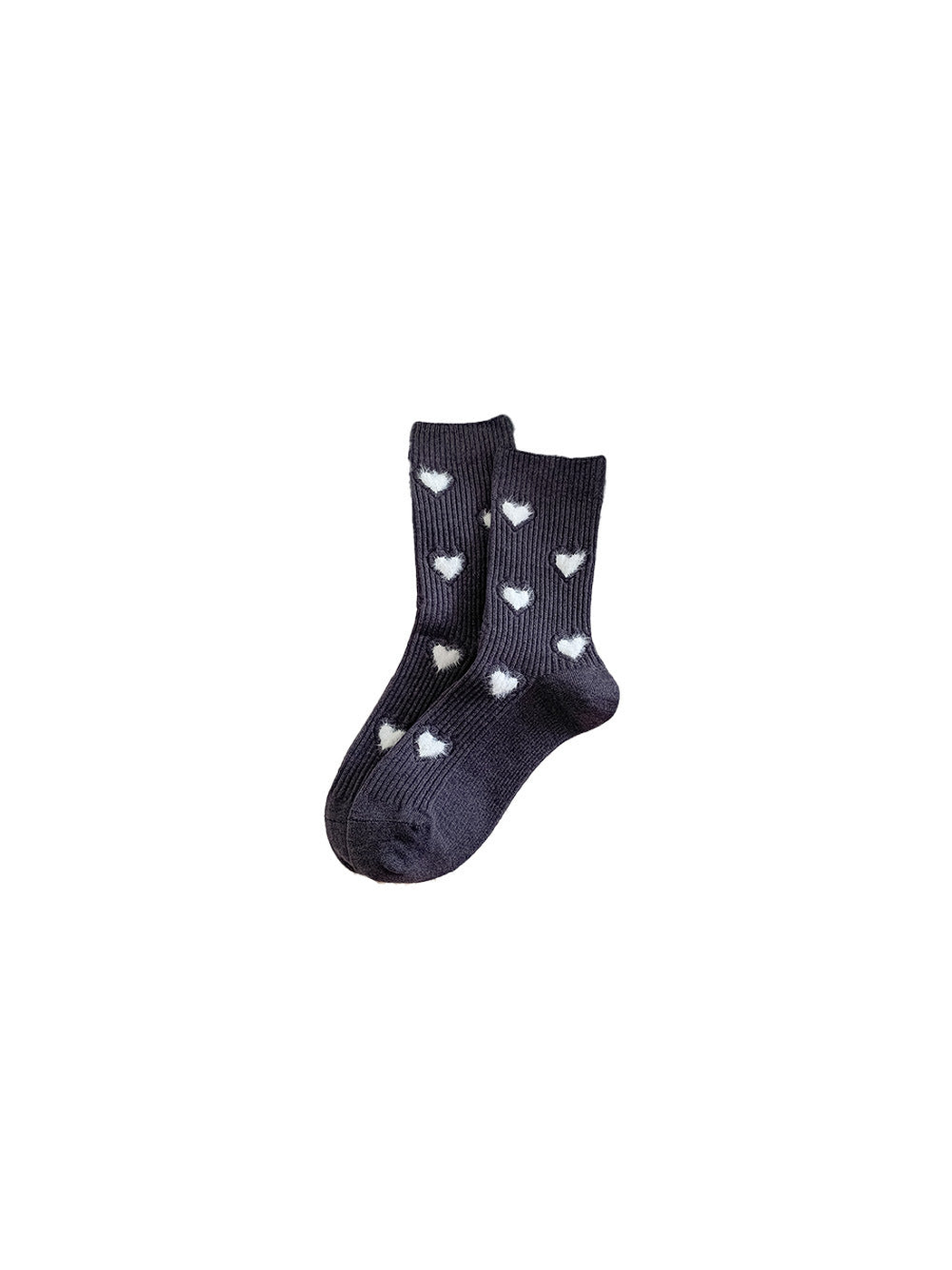 Dark gray ribbed crew socks with fuzzy white heart motifs