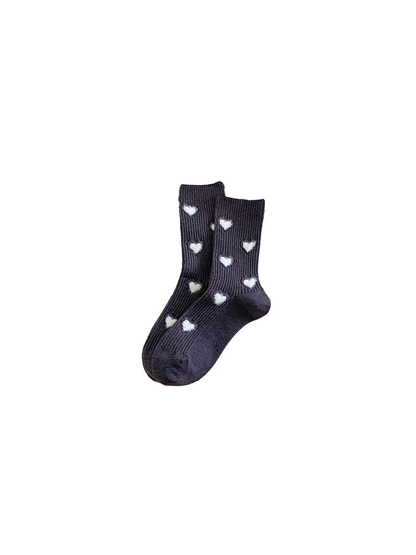 Dark gray ribbed crew socks with fuzzy white heart motifs