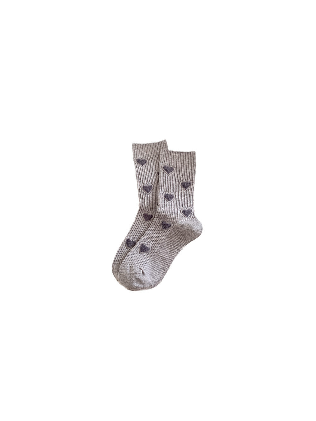 Greige ribbed crew socks with fuzzy dark heart motifs