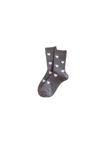 Gray ribbed crew socks with fuzzy white heart motifs