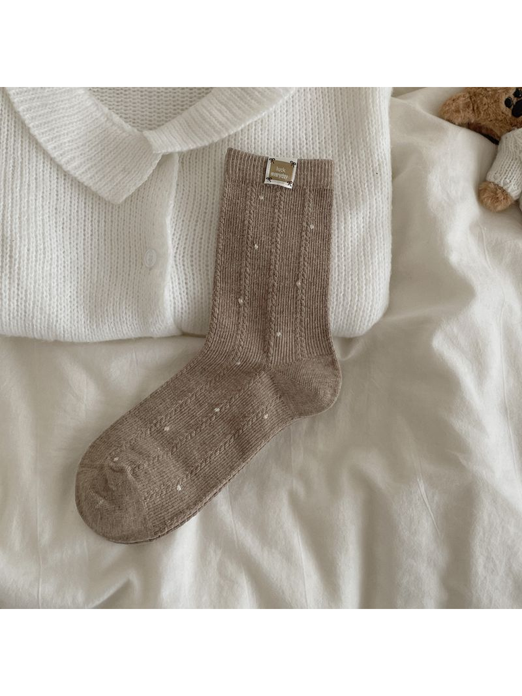 Light coffee ribbed crew sock with small white dots