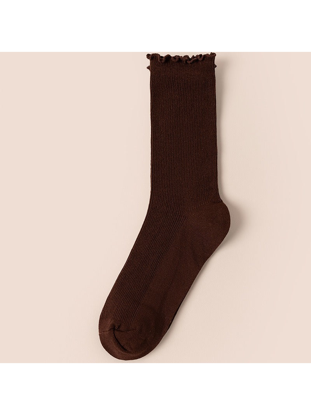 Dark coffee ribbed crew sock with a ruffled cuff