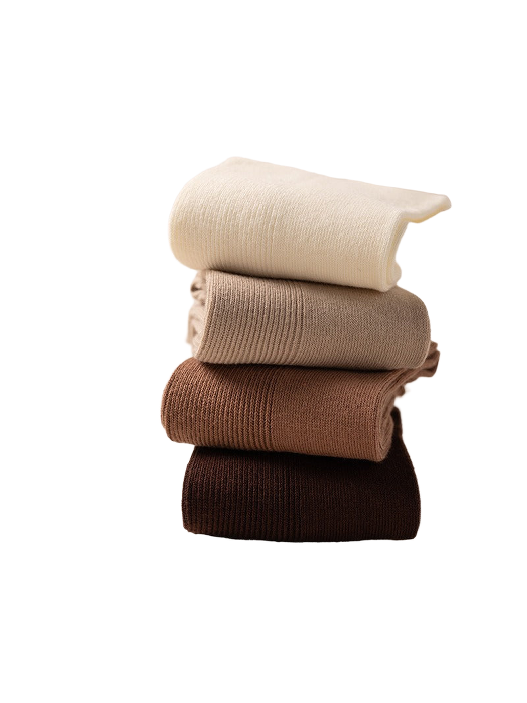 Four neutral-color ribbed crew socks stacked together