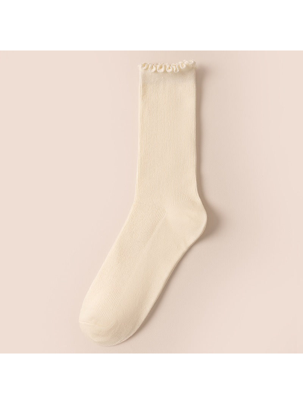 Cream ribbed crew sock with a ruffled cuff