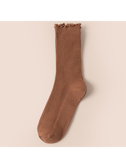 Light coffee ribbed crew sock with a ruffled cuff